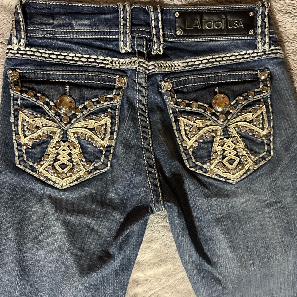 L.A. Idol Blue Denim Shorts with Embroidered Pockets